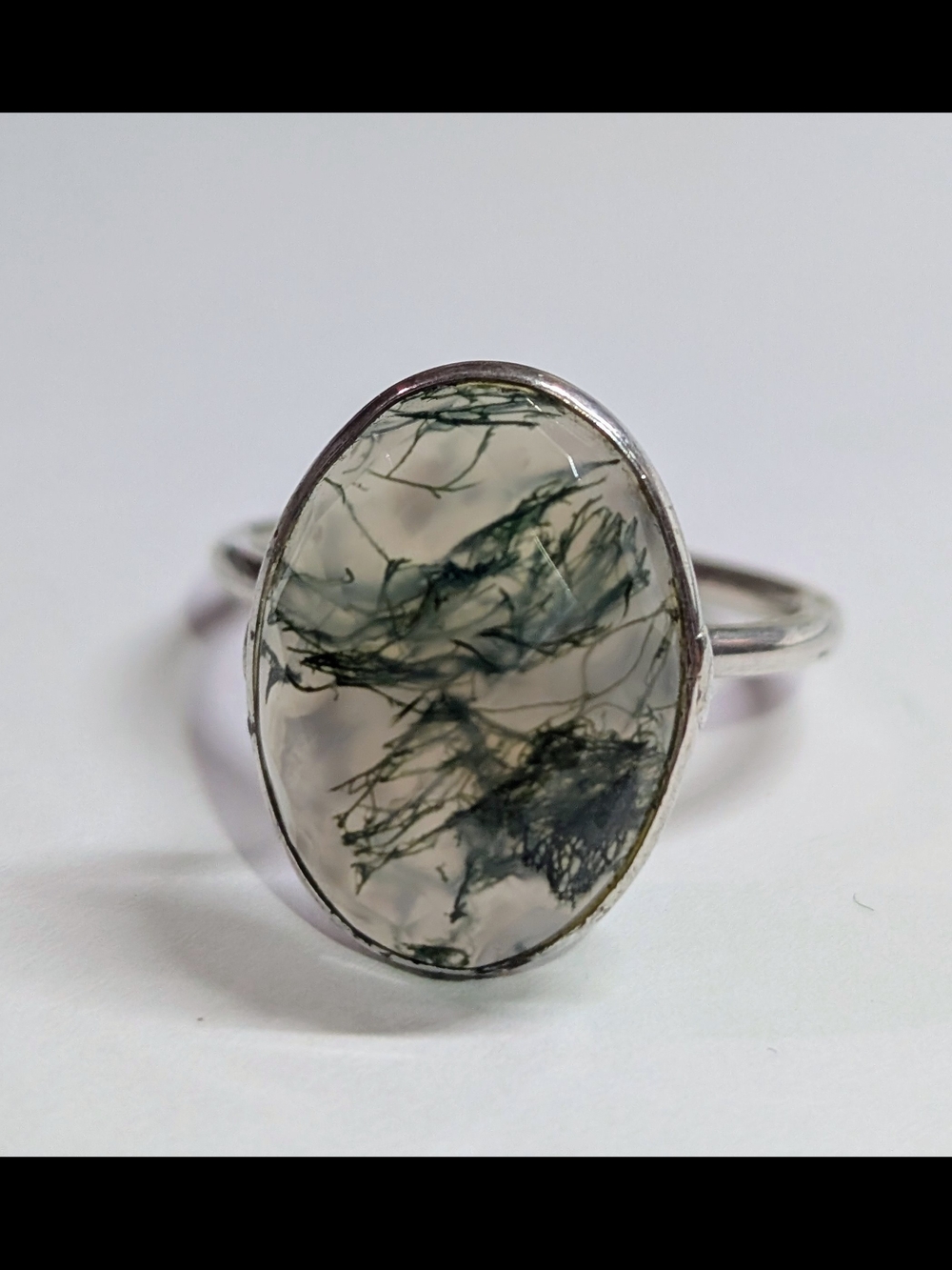 Sterling Silver Moss Agate Oval Ring - Green and White